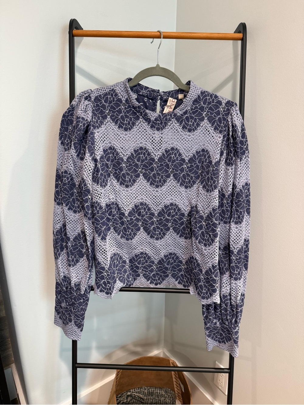 dolan Grey-Blue  Floral Lace-Pattern Long Sleeve Top
